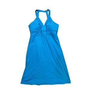 Athleta Womens Blue Halter V-Neck Bathing Suit Dress Modest Medium Built-in Bra